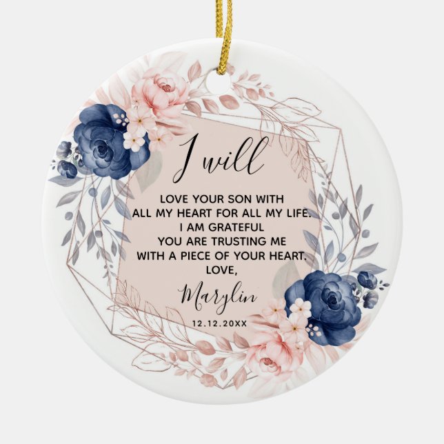 Personalised Mother of the Groom Peach and Blue Ceramic Ornament (Front)