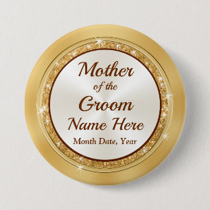 Personalised Mother of the Groom Pin, Gold Theme 7.5 Cm Round Badge