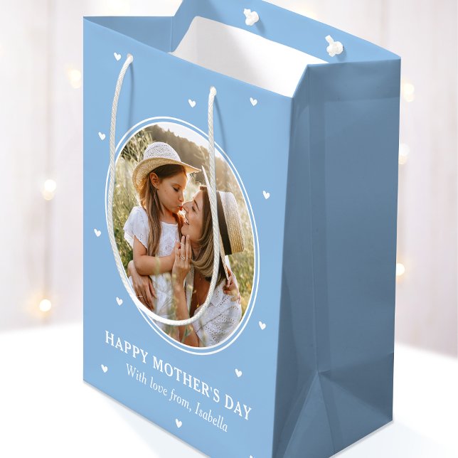 Personalised Mother's Day Photos Cute Blue White Medium Gift Bag (Creator Uploaded)
