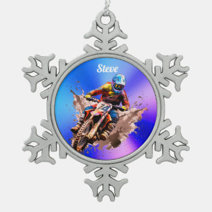 Personalised motocross snowflake pewter christmas ornament