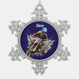 Personalised motocross snowflake pewter christmas ornament