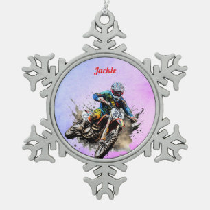 Personalised motocross snowflake pewter christmas ornament