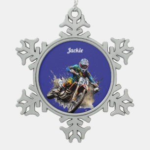 Personalised motocross snowflake pewter christmas ornament