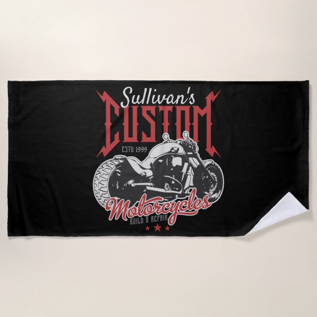 Personalised Motorcycle Big Bad Bike Biker Garage  Beach Towel (Front)