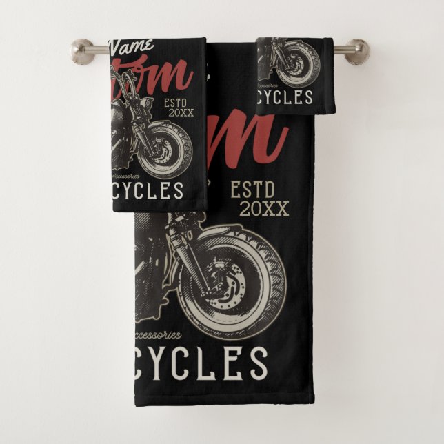 Personalised Motorcycle Rebel Cruiser Biker Garage Bath Towel Set (Insitu)