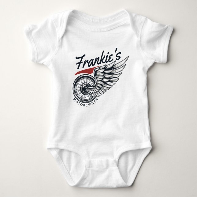 Personalised Motorcycles Flying Tire Biker Shop  Baby Bodysuit (Front)
