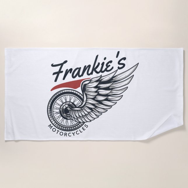 Personalised Motorcycles Flying Tire Biker Shop Beach Towel (Front)