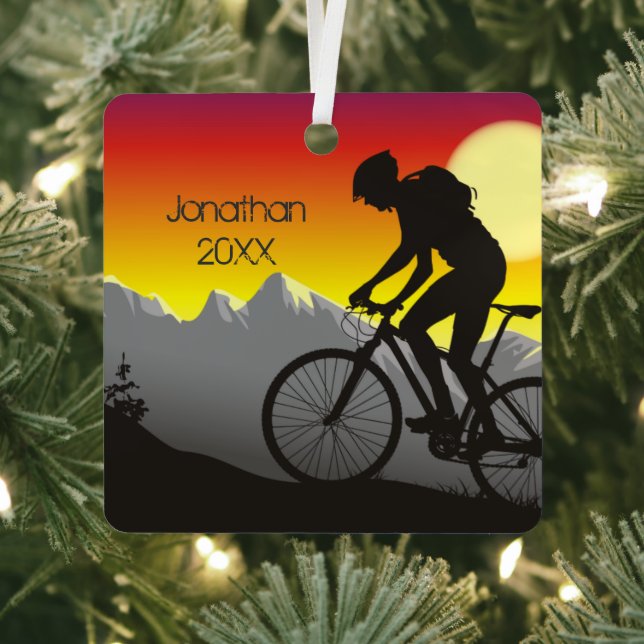 Personalised Mountain Bike Christmas Metal Tree Decoration (Insitu)