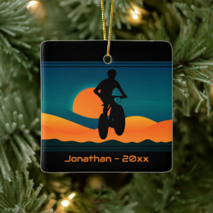 Personalised Mountain Bike Sunset Christmas Ceramic Ornament