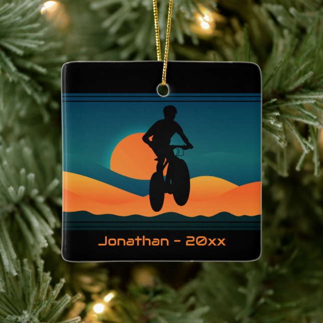 Personalised Mountain Bike Sunset Christmas Ceramic Ornament (Tree)