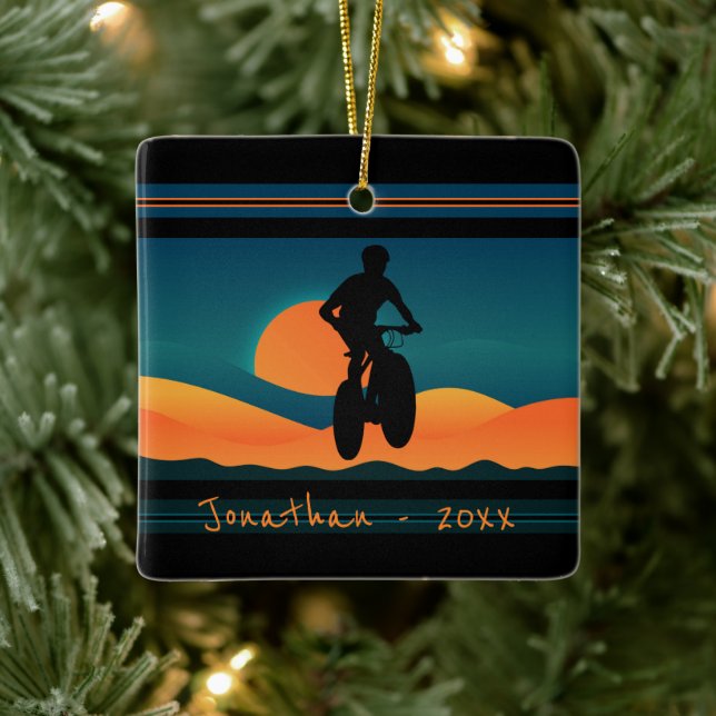 Personalised Mountain Bike Sunset Christmas Ceramic Ornament (Tree)