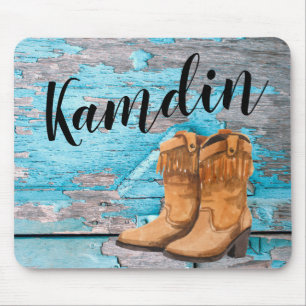 Personalised Mouse Pad Blue Wood Barn Door Boots C