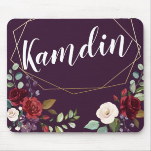 Personalised Mouse Pad Plum Purple Roses Gold Geom