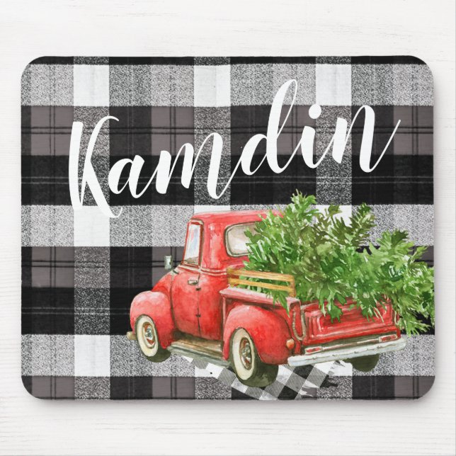 Personalised Mouse Pad XMAS Truck Buffalo Plaid Bl (Front)