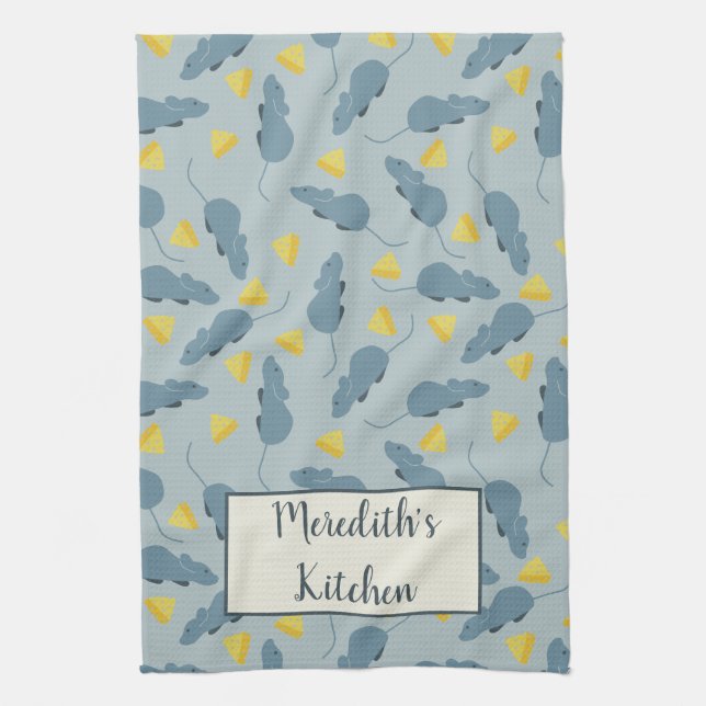 Personalised Mouse Pattern Blue Mice Yellow Cheese Tea Towel (Vertical)