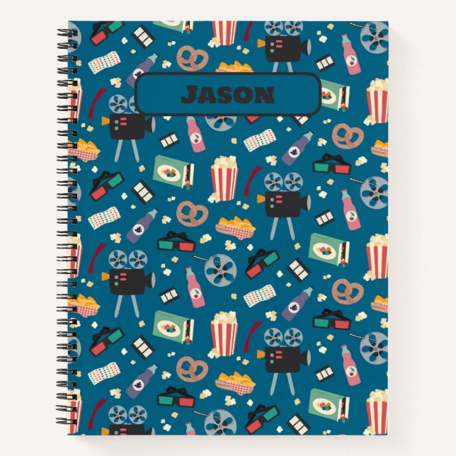Personalised Movie Night Film Popcorn Pattern Notebook (Front)