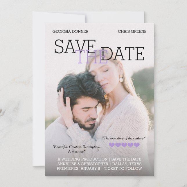 Personalised Movie Poster Purple Save the Date (Front)