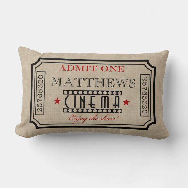 Personalised Movie Theatre Ticket Pillow- red Lumbar Cushion (Front)