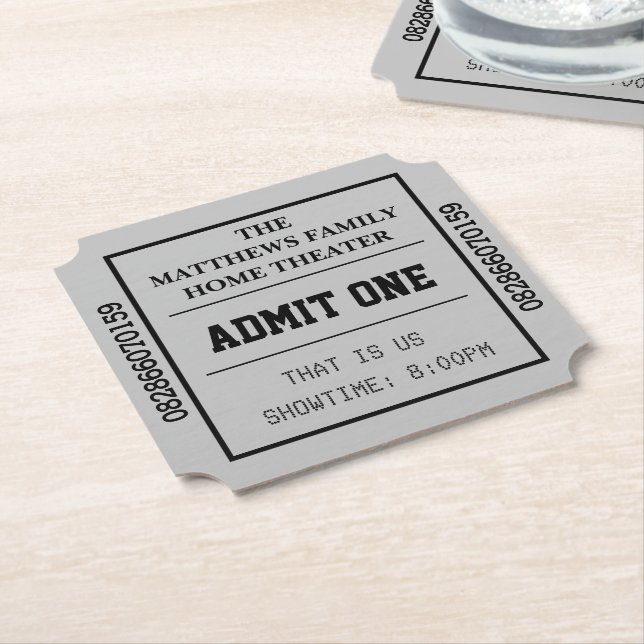 Personalised Movie Ticket Grey Home Theatre Paper Coaster (Angled)