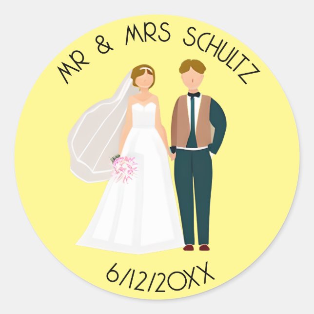 Personalised Mr and Mrs Bride and Groom Teal Classic Round Sticker (Front)