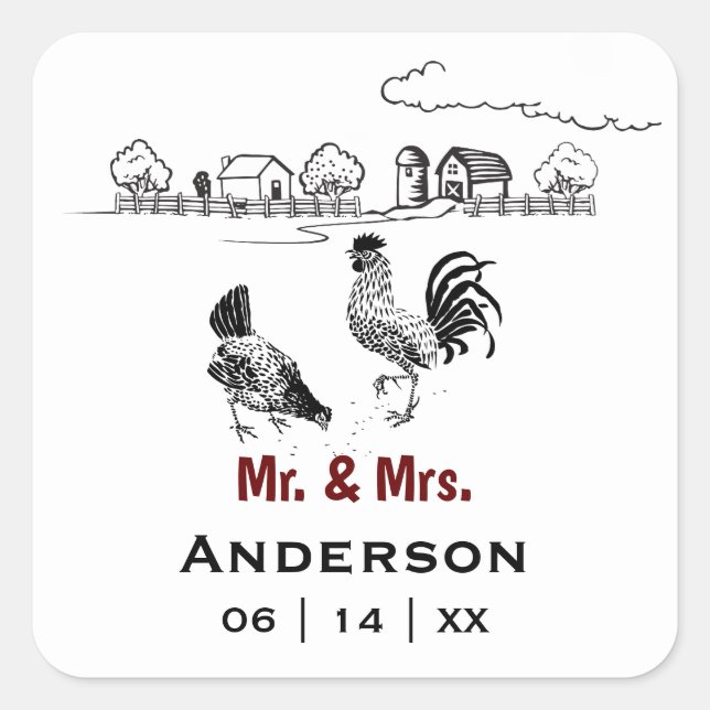 Personalised Mr and Mrs Chicken Farm Wedding Square Sticker (Front)