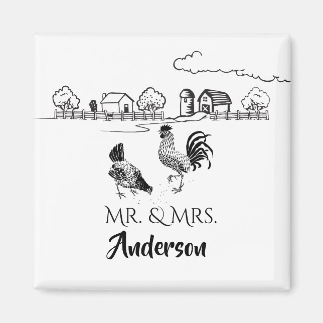 Personalised Mr and Mrs Chickens Farm Wedding Magnet (Front)