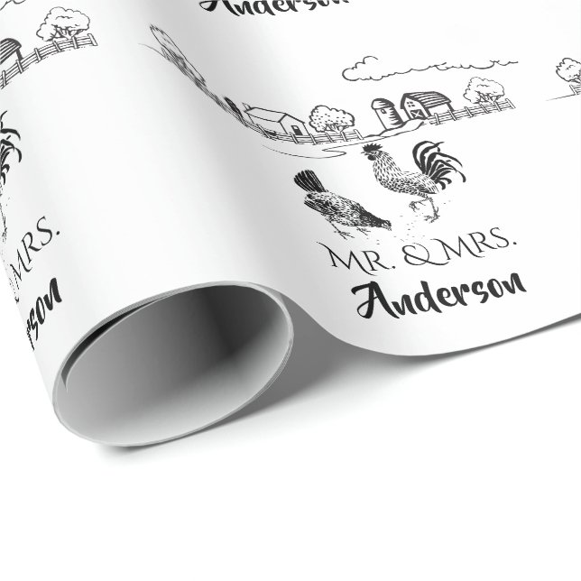 Personalised Mr and Mrs Chickens Farm Wedding Wrapping Paper (Roll Corner)