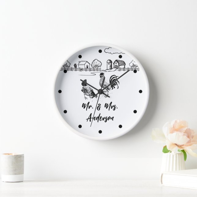 Personalised Mr and Mrs Chickens Rooster Hen Farm Clock (Home)