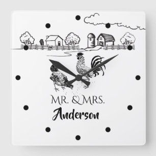Personalised Mr and Mrs Chickens Rooster Hen Farm Square Wall Clock