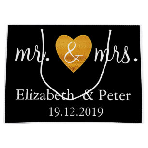 Personalised Mr and Mrs Gold Love Heart Wedding Large Gift Bag