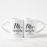 Personalised Mr. and Mrs. Heart Handle Lovers' mug<br><div class="desc">Celebrate love and togetherness with our Personalised Mr. and Mrs. Heart Handle Mug Set. This charming set features two white ceramic mugs with heart-shaped handles, each adorned with elegant script and floral designs. Perfect for newlyweds or anniversaries, the mugs are customised with the couple's last name and the date of...</div>