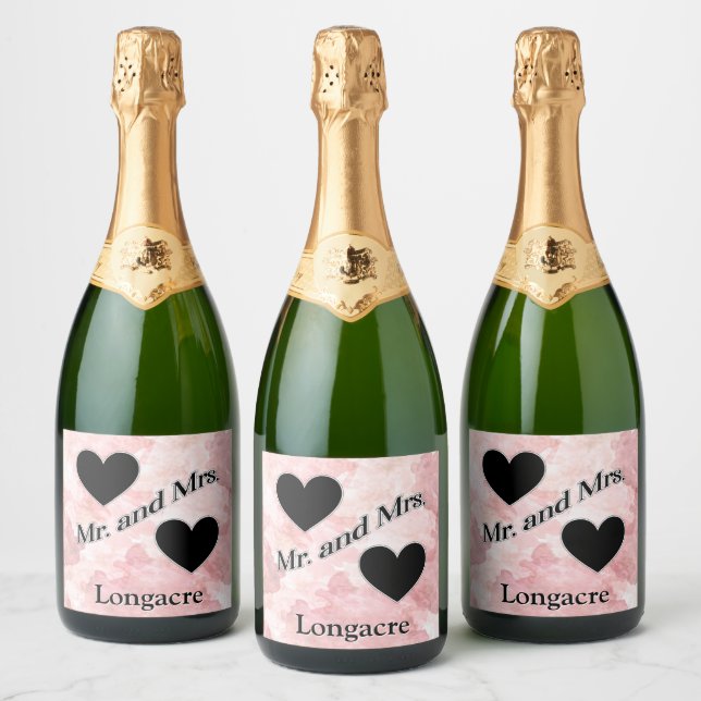 Personalised Mr. and Mrs. Hearts Black White  Sparkling Wine Label (Bottles)