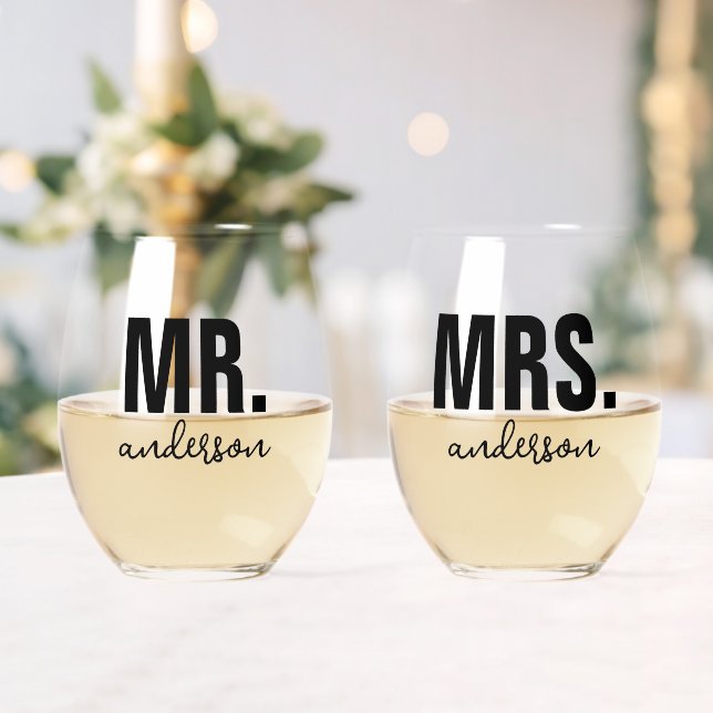 Personalised MR and MRS Name Wedding Newlywed  Stemless Wine Glass (Insitu (Wedding))