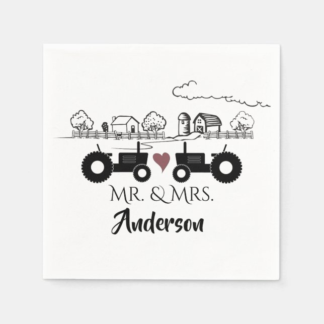 Personalised Mr and Mrs Tractor Couple Farm LOVE Napkin (Front)