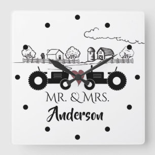Personalised Mr and Mrs Tractor Couple Farm LOVE Square Wall Clock