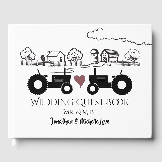 Personalised Mr and Mrs Tractors in LOVE Wedding Guest Book (Front)