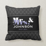 Personalised Mr and Mrs wedding throw pillow<br><div class="desc">Personalised Mr and Mrs throw pillow elegant style. Cute wedding gift idea for newly weds. Personalise with name of bride and groom / husband and wife. Classy pattern design with stylish typography. Lavender purple / lilac,  grey,  white and black colours. Sylish home decor present for newlyweds.</div>