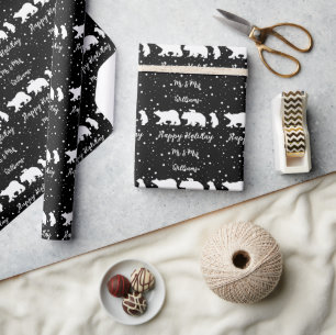 Personalised Mr & Mrs Cute Polar Bear Family Black Wrapping Paper