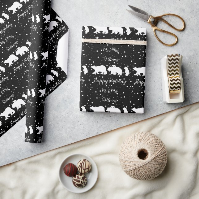 Personalised Mr & Mrs Cute Polar Bear Family Black Wrapping Paper (Crafts)