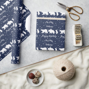 Personalised Mr & Mrs Cute Polar Bear Family Blue Wrapping Paper