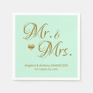 Personalised Mr. & Mrs. Mint Green Gold Wedding Napkin