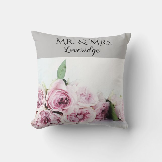 Personalised Mr. & Mrs. Pink Grey Floral Wedding Cushion (Front)