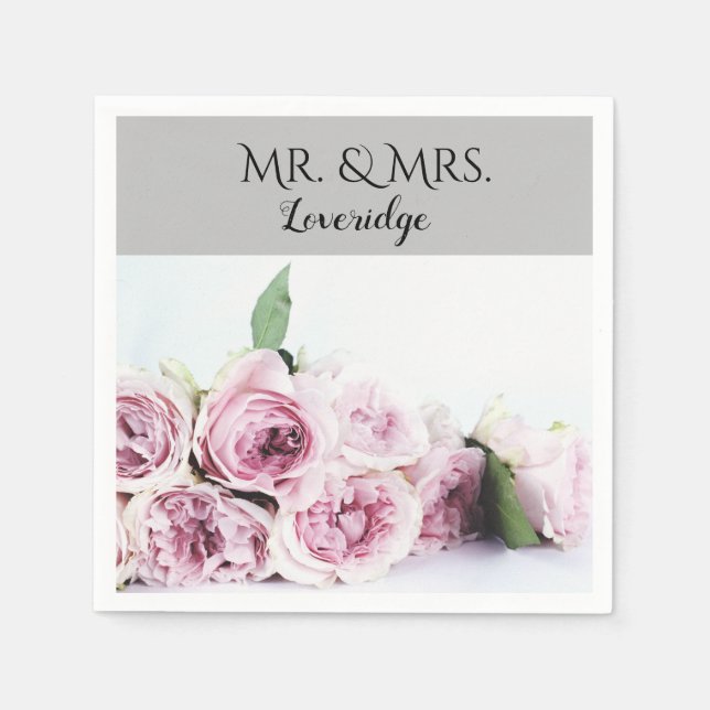 Personalised Mr. & Mrs. Pink Grey Floral Wedding Napkin (Front)