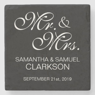 Personalised MR. & MRS. White Black Wedding Favour Stone Coaster