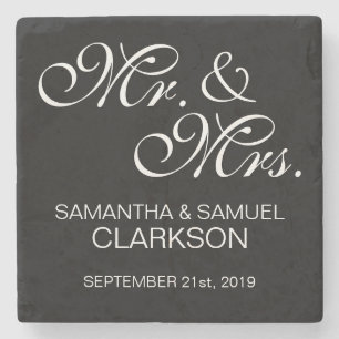 Personalised MR. & MRS. White Black Wedding Stone Coaster