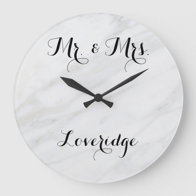 Personalised Mr. & Mrs. White Grey Grey Marble Large Clock (Front)