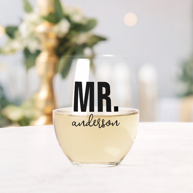 Personalised MR Name Wedding Newlywed  Stemless Wine Glass (Insitu (Wedding))