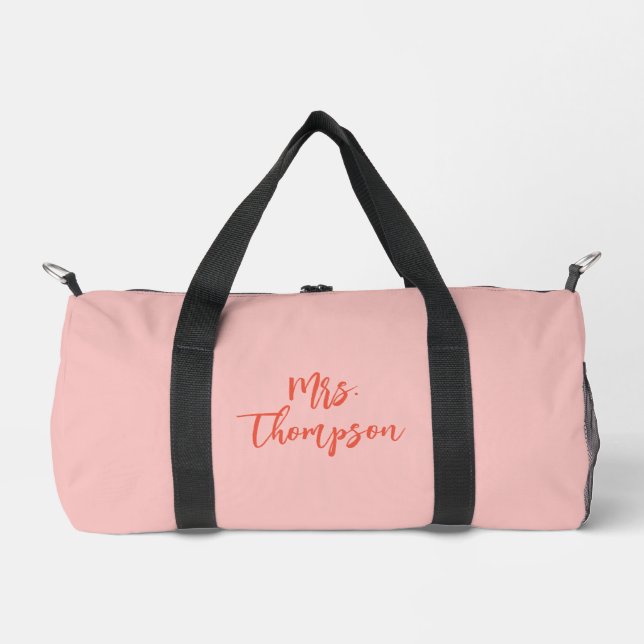 Personalised Mrs. Bride Name Pink Orange Script Duffle Bag (Front)