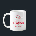 Personalised Mrs Est Your Date Bride Gift Custom Coffee Mug<br><div class="desc">personalised mrs est your date, engagement gift for bride wedding, present for bride wedding gift, monogram last name newlywed modern, bachelorette party mrs newly engaged, bridal shower recently married mug, cute Christmas red and white typography, bride mug fiancee birthday gift, custom personalise her calligraphy cup, just married trendy simple script...</div>