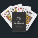 Personalised Mrs Est Your Date Present for Bride Playing Cards<br><div class="desc">personalised mrs est your date,  engagement gift for bride wedding,  present for bride wedding gift,  monogram last name newlywed modern,  black and white calligraphy script,  bridal shower gifts recently engaged,  bride gifts just married cards,  bride fiance birthday gift game,  bachelorette party mrs playing cards,  custom mrs established honeymoon cards</div>